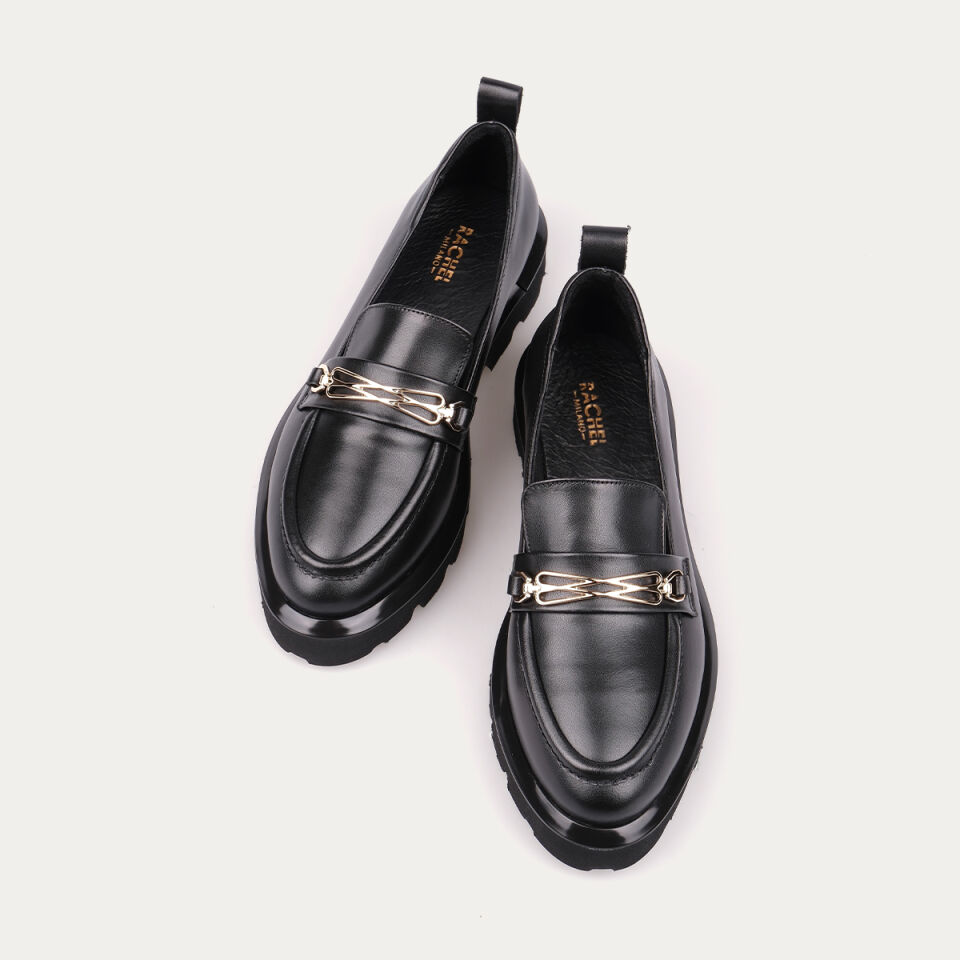 8035 Tokalı Siyah Deri Deck Loafer Ayakkabı
