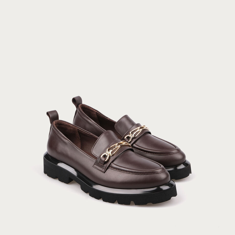 8035 Tokalı Kahve Deri Deck Loafer Ayakkabı