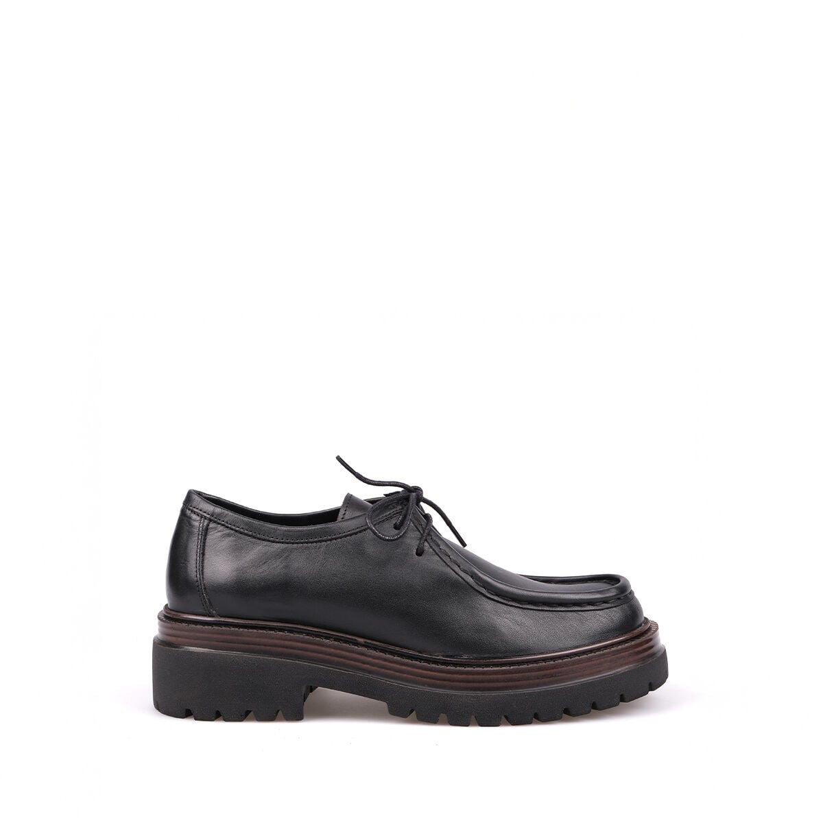 3308 Siyah Deri Bağcıklı Loafer Ayakkabı
