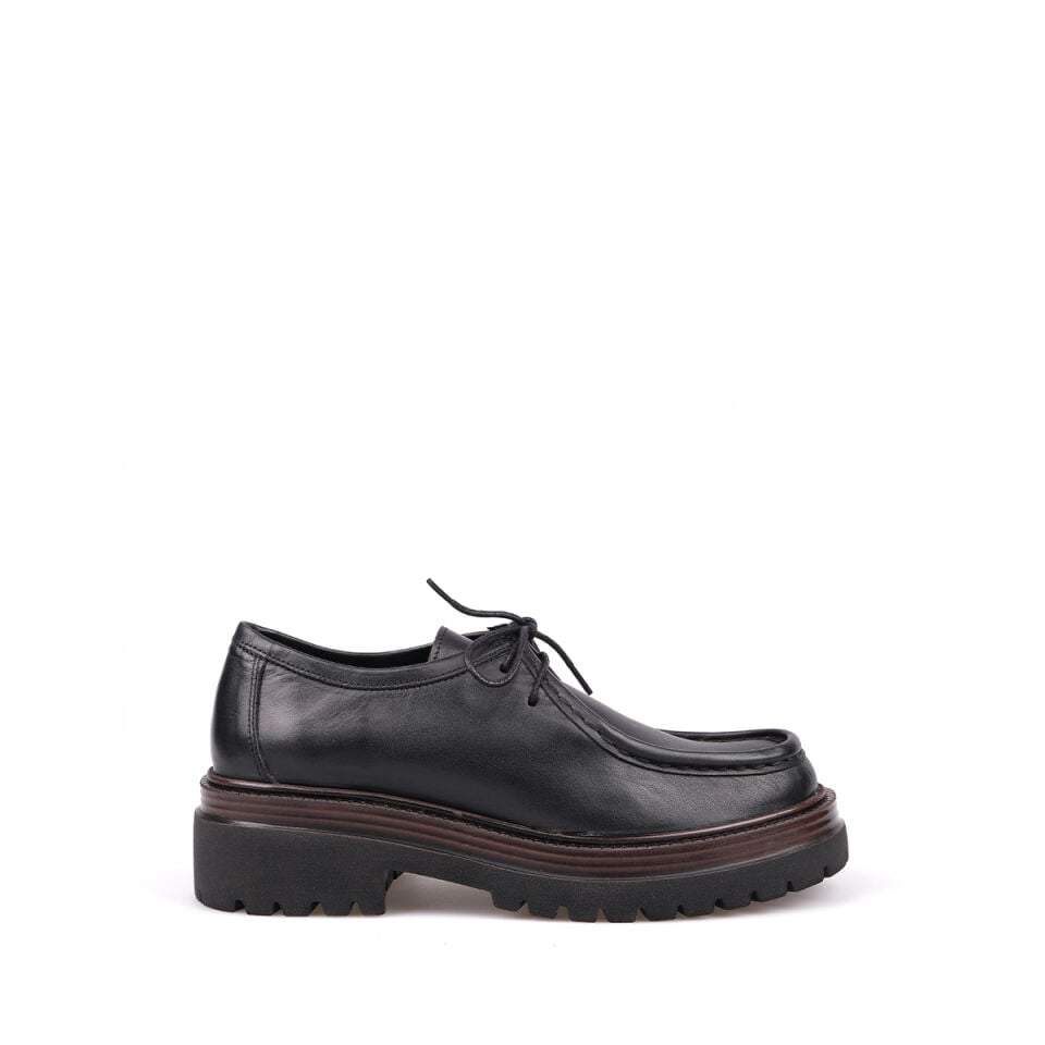 3308 Siyah Deri Bağcıklı Loafer Ayakkabı