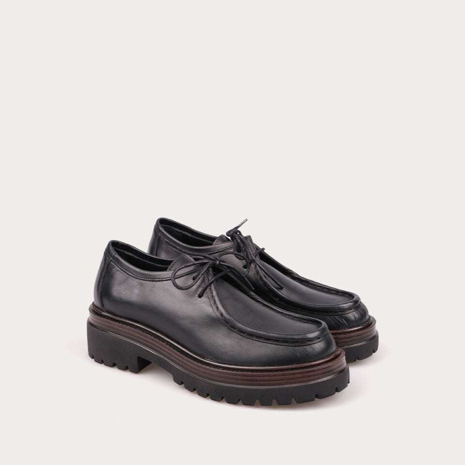 3308 Siyah Deri Bağcıklı Loafer Ayakkabı