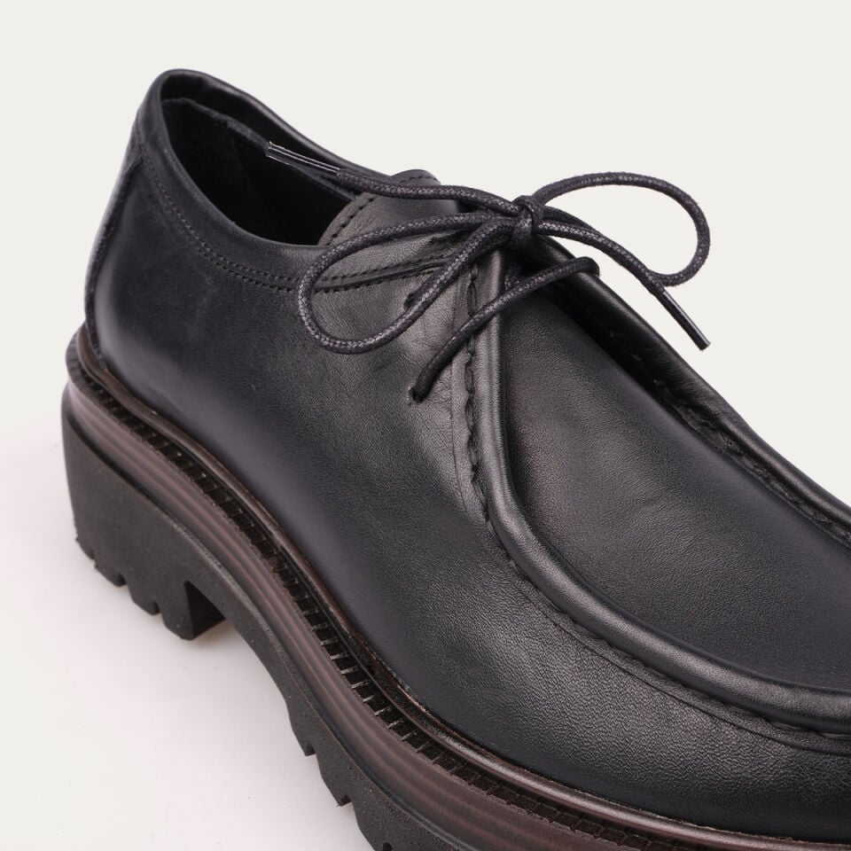 3308 Siyah Deri Bağcıklı Loafer Ayakkabı