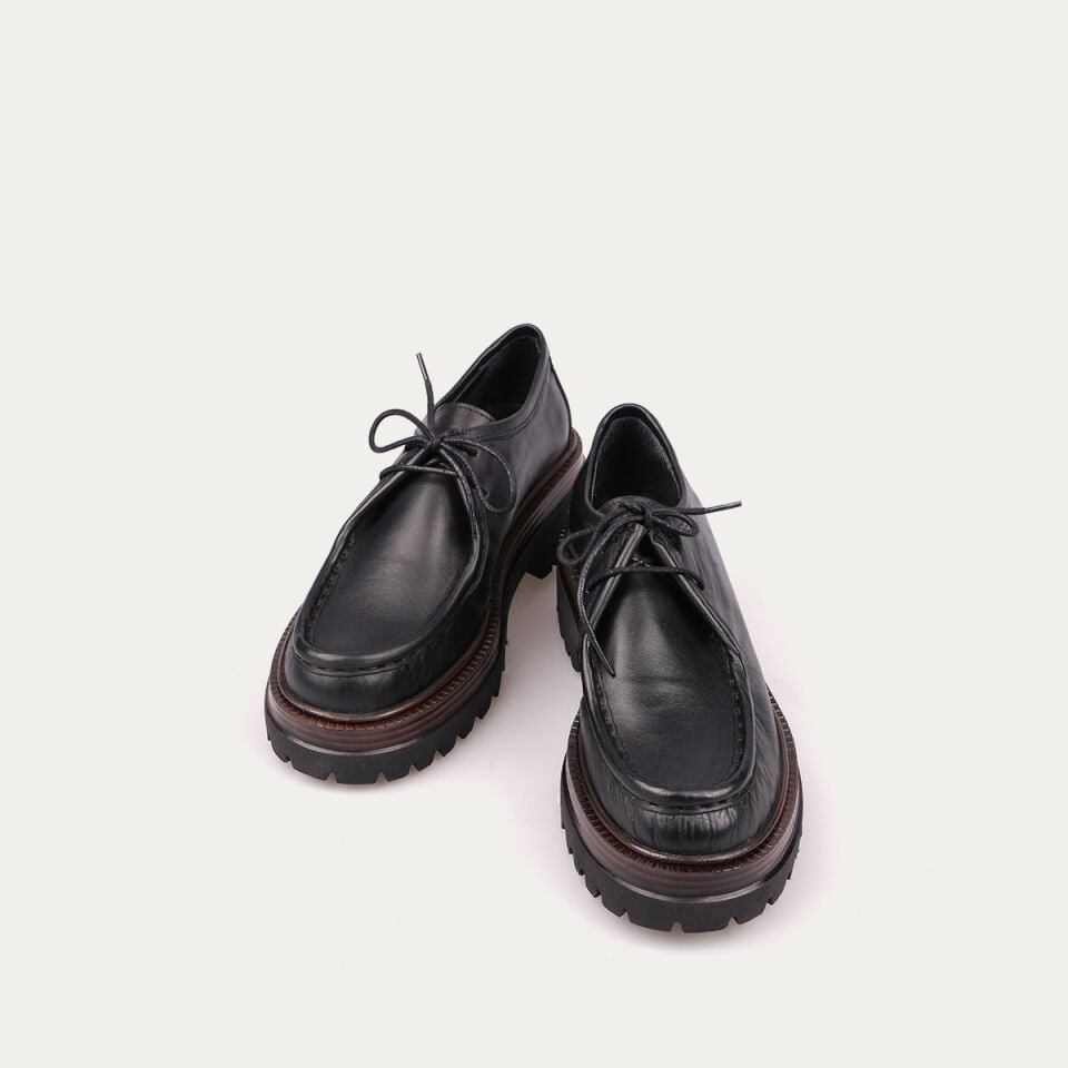 3308 Siyah Deri Bağcıklı Loafer Ayakkabı